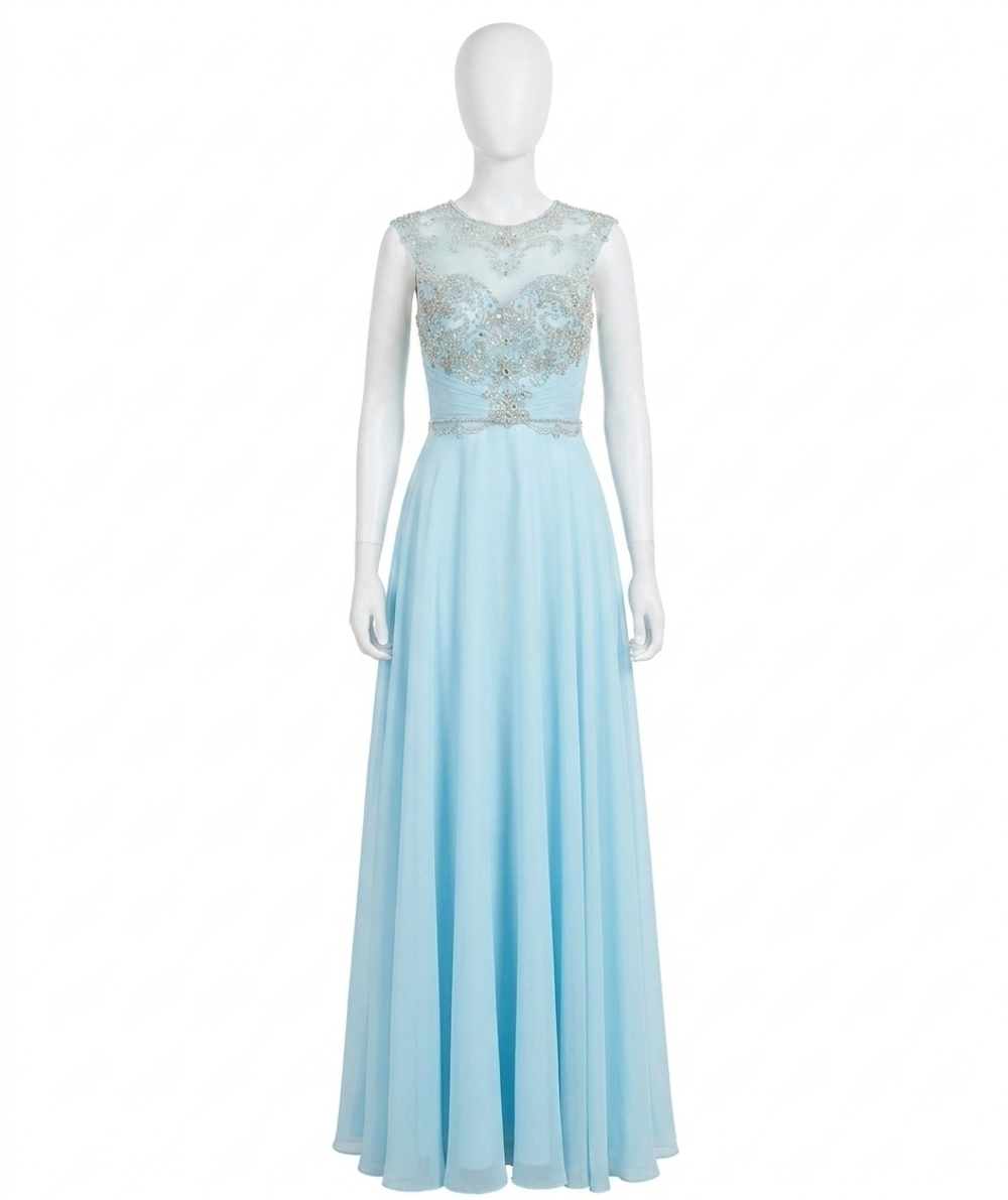 NEW RACHEL ALLAN beaded high mesh neckline chiffon gown in soft blue